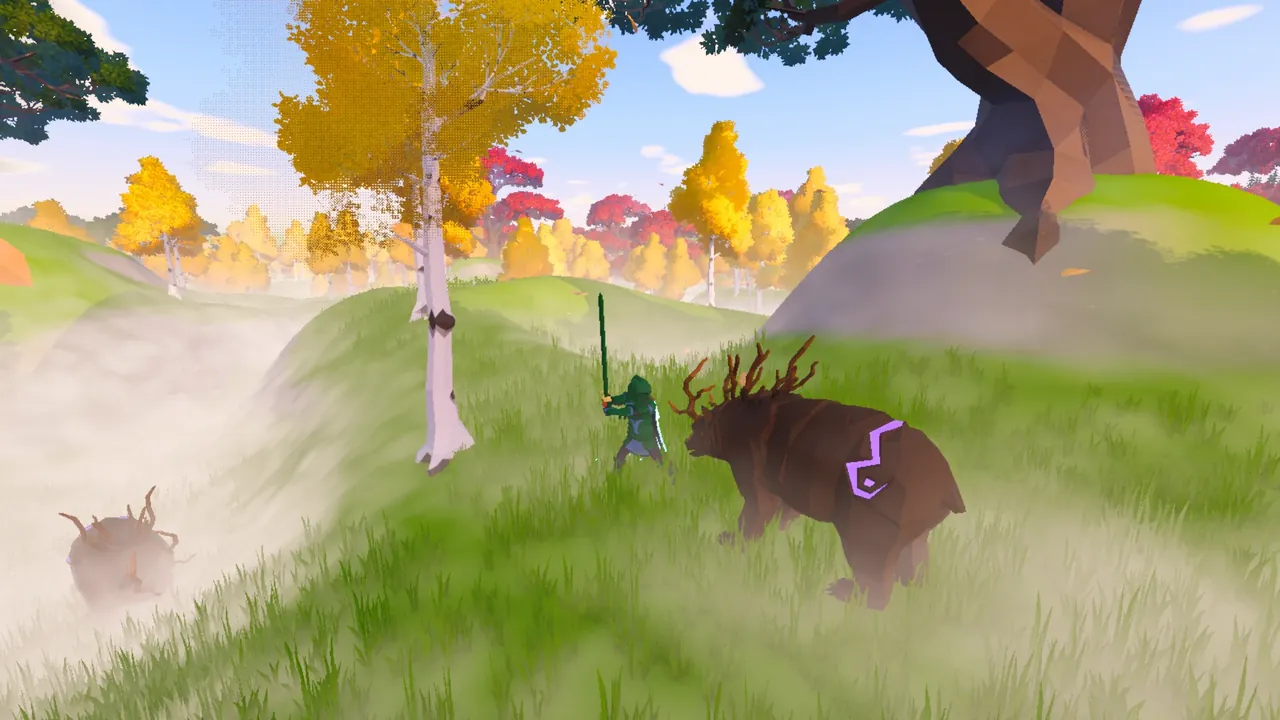 A player in green armour swings a sword at a Forest Bear in the misty north meadow