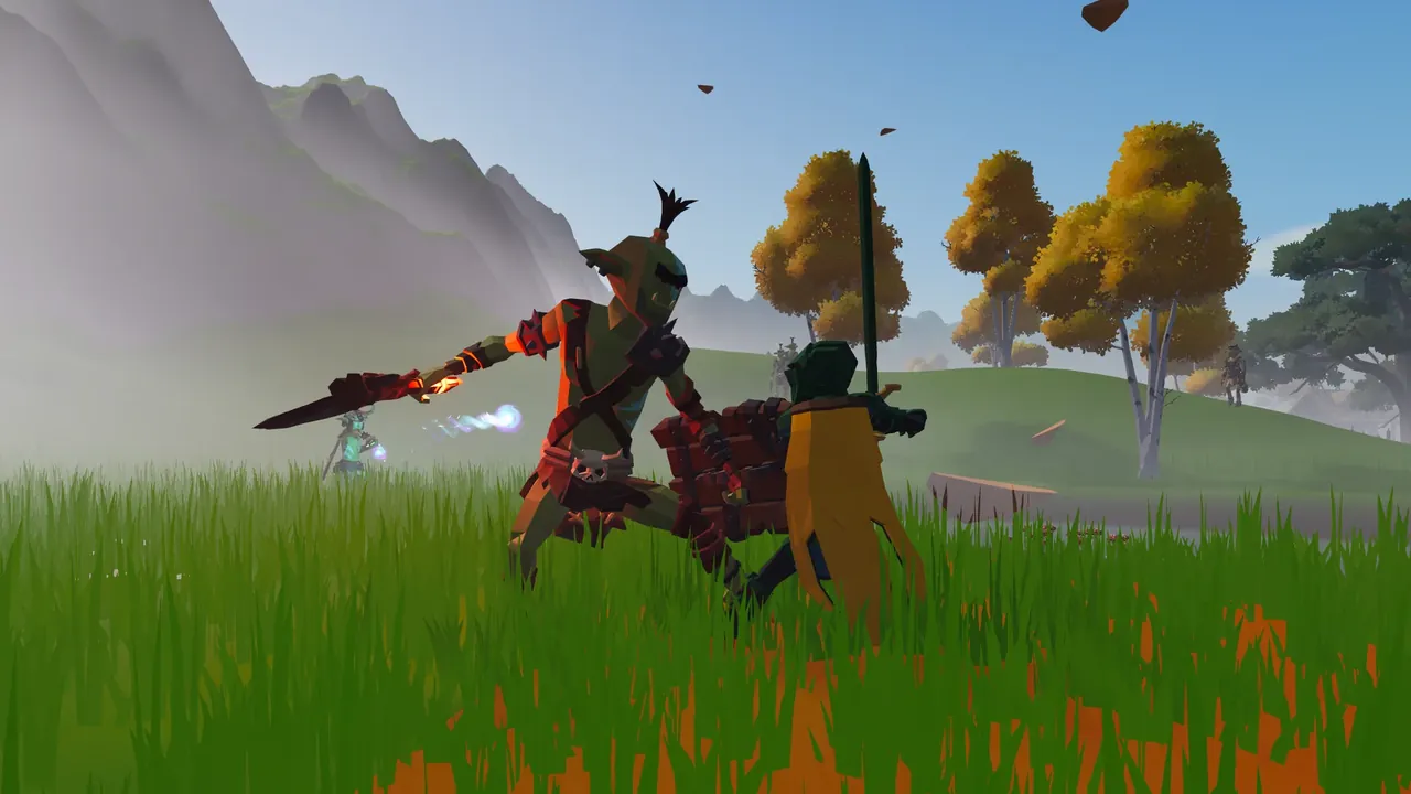 A player in a yellow cape crosses swords with goblins at the goblin camp